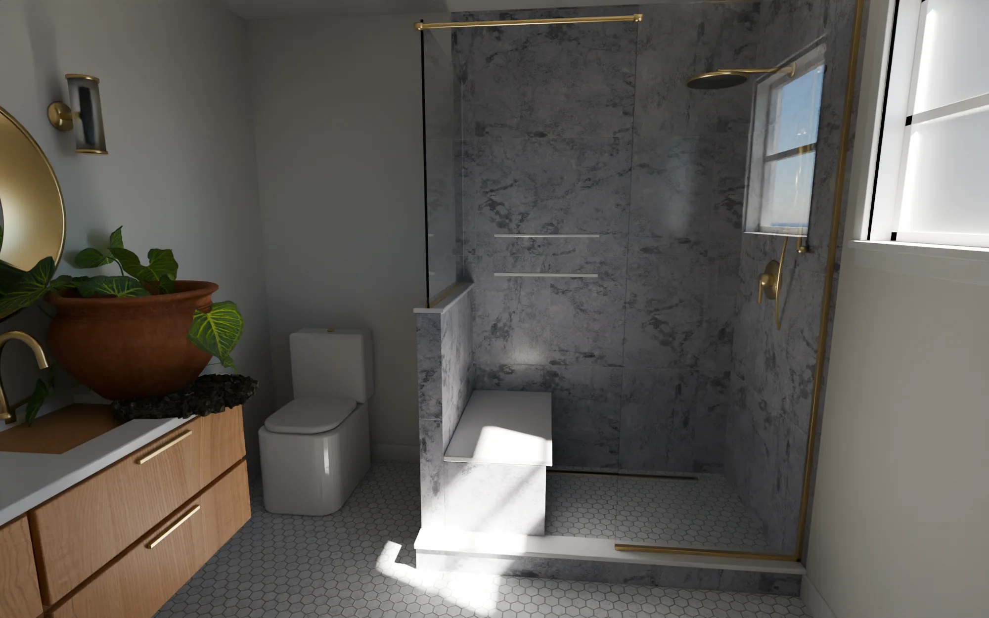 3D design render of a remodeled bathroom: marble look walk-in tile shower with a bench and niche, white oak floating vanity, brushed brass fixtures, morning light