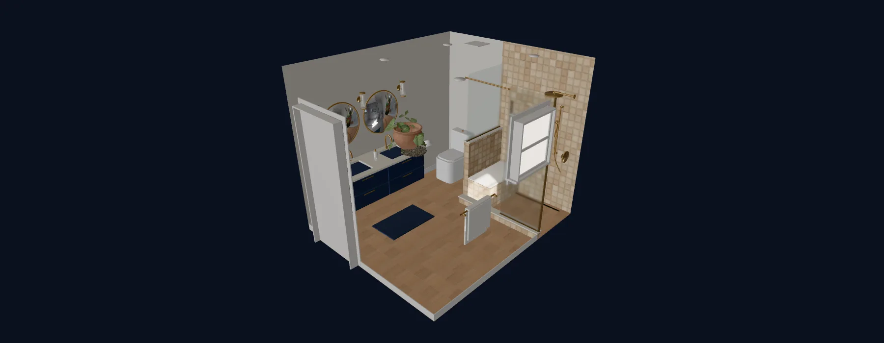 3D design render of a full bathroom remodel seen from above, with navy zellige shower tile, wood look floor and a white vanity