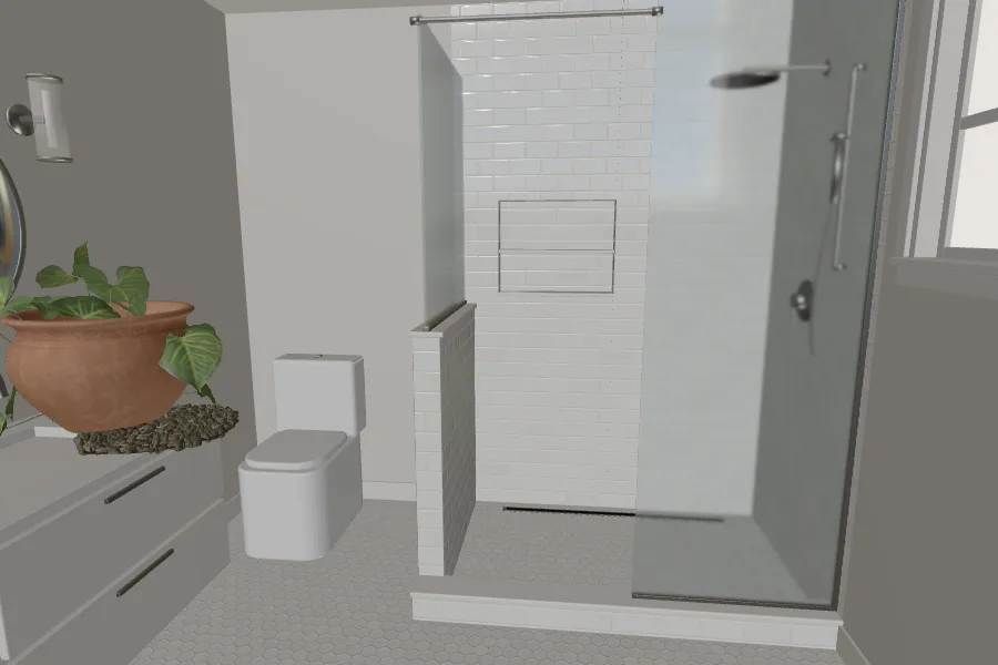 3D design render of a tub to shower conversion with white subway tile and a glass door