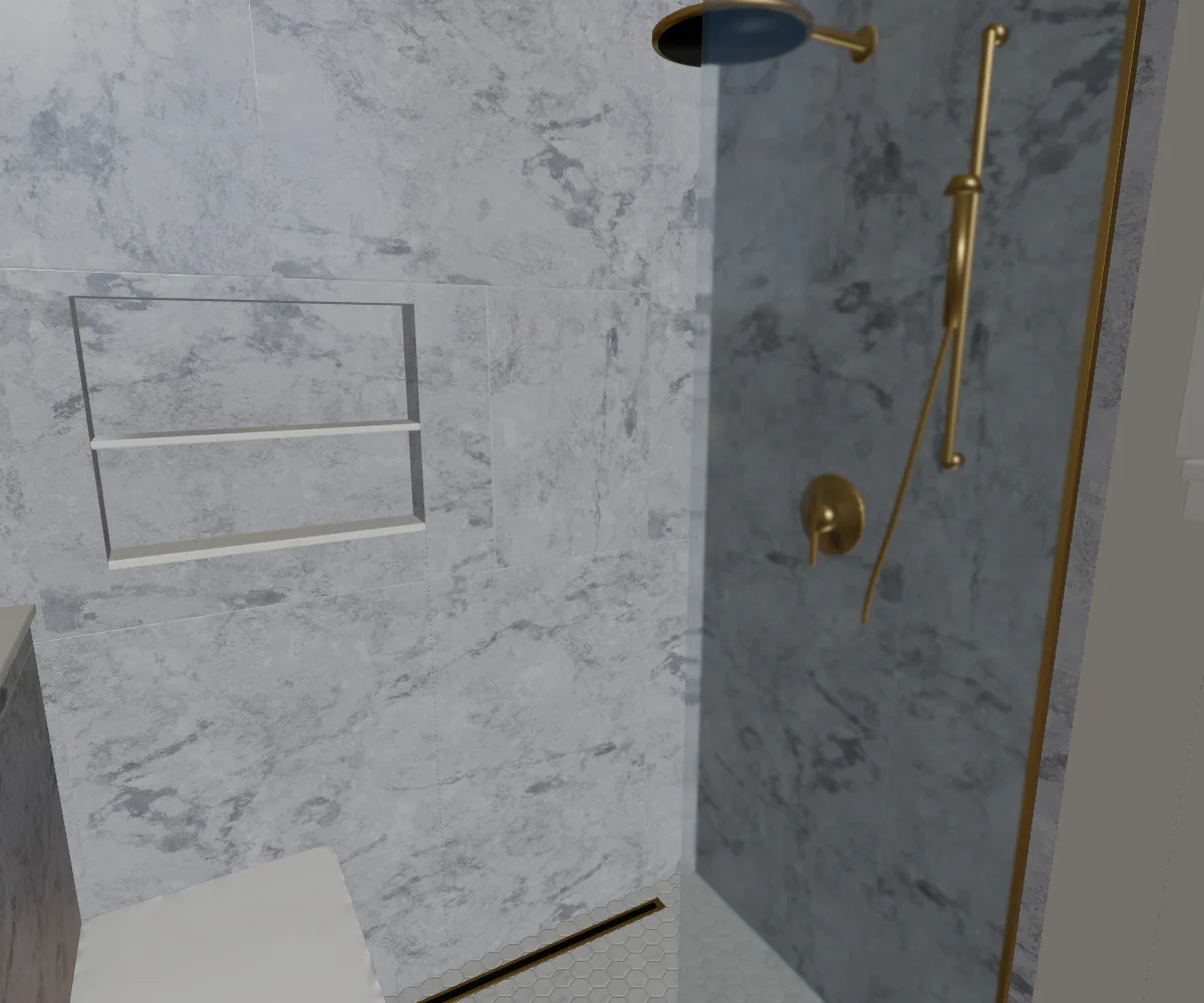3D design render of a walk-in tile shower with a bench, niche, frameless glass and brass fixtures